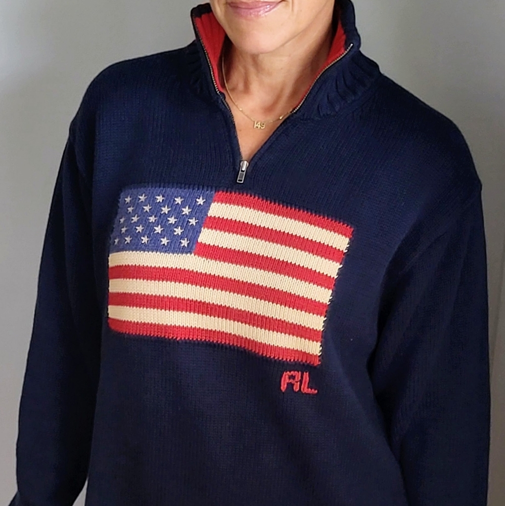Rare Vintage 80s Ralph Lauren 1/4 Zip Navy American Flag Sweater. - Picture 4 of 12